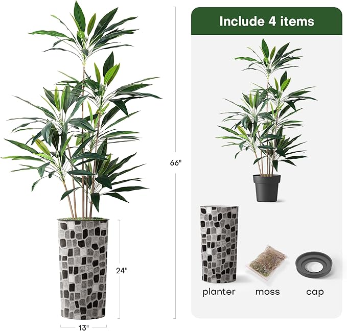 SIGNWIN Artificial Tree in Modern Geometric Pattern Planter, Fake Dracaena Tree Silk Trees for Indoor and Outdoor Home Decoration - 66" Overall Tall (Plant Pot Plus Tree)