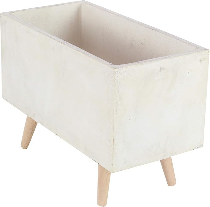 Deco 79 Fiberclay Ceramic Indoor Outdoor Planter Rectangular Large Planter Pot with Brown Wooden Legs, Set of 2 Planters 21", 17"W, White