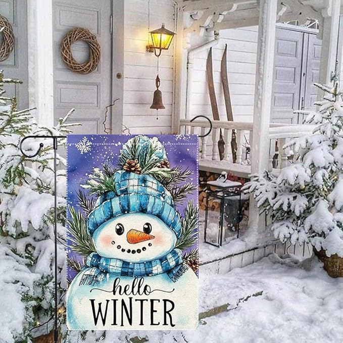 Hello Winter Snowman Garden Flag 12x18 Inch Double Sided Burlap Holiday Yard Decoration with Blue Knit Hat and Scarf Pinecone Snowflakes Outdoor Welcome Banner