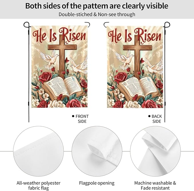 He Is Risen Garden Flag 12x18 Inch Double Sided All-Weather Polyester Outdoor Flag For Patio Lawn Yard And Garden Welcome Decor
