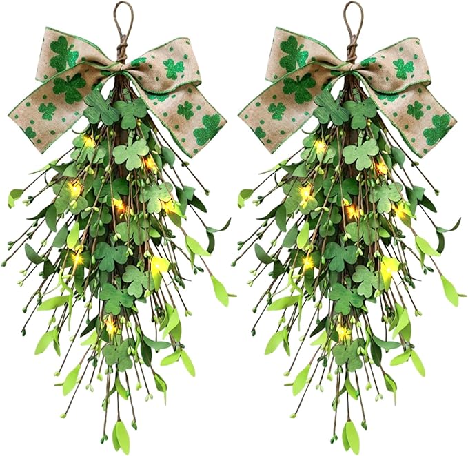 2 PCS St.Patrick's Day Swag Wreath for Front Door Artificial Shamrock Teardrop Swags Wreath Lucky Irish Kitchen Cabinet Wreaths for Home Indoor Outdoor Porch Wall Window Fireplace Mantel Decoration