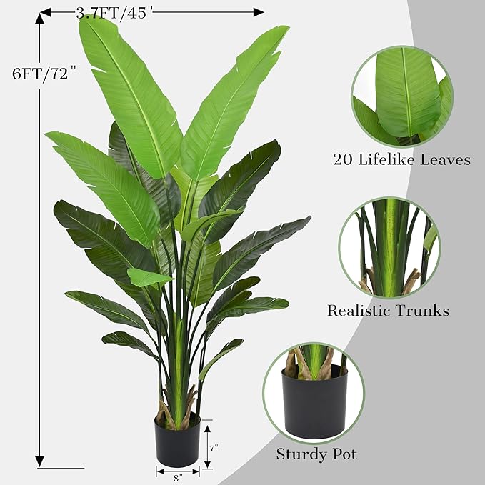 Bird of Paradise Plant Artificial 6FT - Tall Faux Plants Indoor with 13 Lifelike Leaves Trunks, 72" Large Fake Tropical Floor Plant for Home Office Living Room Bedroom Indoor Decor