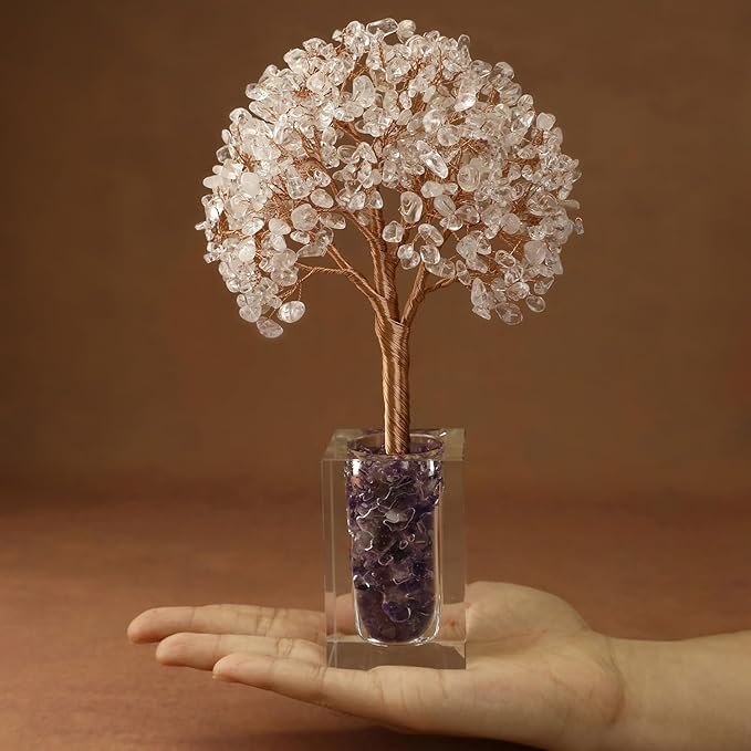 MAGIC AND MIRACLES Clear Quartz Crystal Tree with Amethyst Base, Desk Decor for Women Office Cubicle, Christmas Birthday House Warming Anniversary Motivational Gifts for Wife Friends Mom Daughter