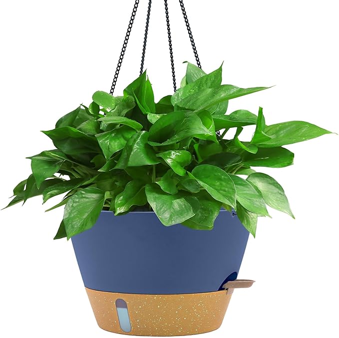ZMTECH 12 Inch Hanging Planters for Indoor, Large Hanging Plant Pot with Visible Water Level and Chain, Self Watering Hanging Flower Pot for Outdoor Garden Porch(Blue)