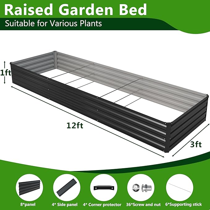 Easllre 2PCS 12x3x1ft Galvanized Raised Garden Bed Kit, Galvanized Planter Raised Garden Boxes Outdoor, Large Metal Raised Garden Beds for Vegetables,Black