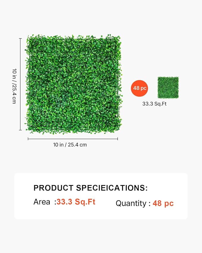 VEVOR Artificial Boxwood Panels 48pcs, 10 x 10 in Boxwood Hedge Wall Panel Artificial Grass Backdrop, 1.6 in Green Fake Grass Wall for Privacy Fence Decor Indoor Outdoor Garden Backyard