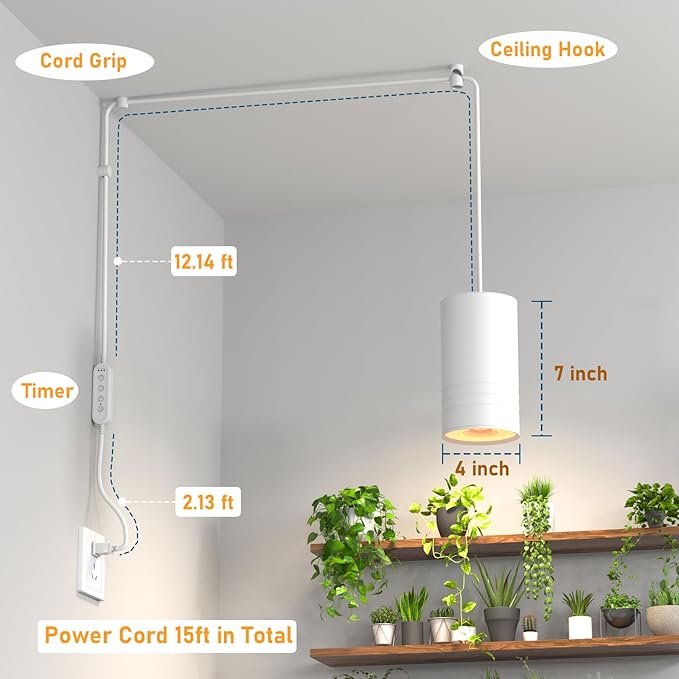 Hanging Grow Lights for Indoor Plants Full Spectrum, Pendant Spotlight Plant Grow Light for Large Tall Plant, Garden, Herb, Seed, with Timer and 15ft Braided Power Cord, 40W 3000K, Full Aluminum White