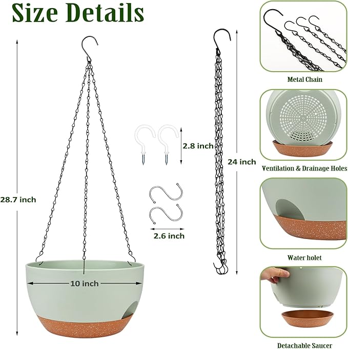 Lucieblessdesign Hanging Planters for Outdoor Indoor Plants, 2 Pack 10 Inch Hanging Basket Plants Outdoor, Self Watering Hanging Planter with Plant Hanger for Garden Home Decoration (Green, 10 inch)