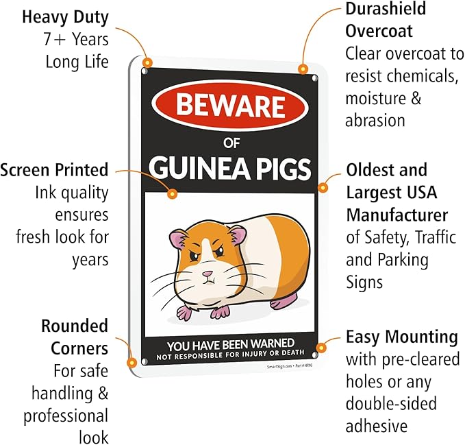 SmartSign Funny Beware Of Guinea Pigs Warning Sign - 10"x7", 40 mil Laminated Rust-free Aluminum - Metal Signs for Wall Decor, Outdoors, Patio, Cafe - Guinea Pigs Theme Gag Gift, Made in USA