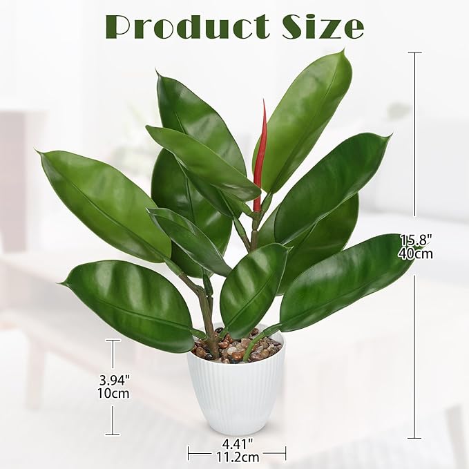 GnFlus Fake Plant Artificial Rubber Tree in White Pot Decor for Farmhouse Home, Office, Kitchen, Counter Top, Indoor Decoration