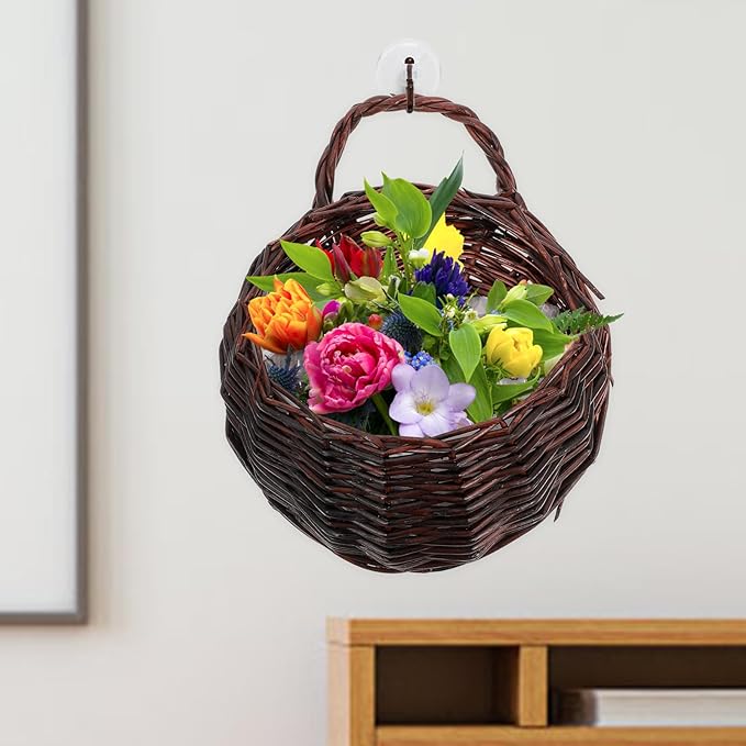 DOITOOL 2Pcs Dark Brown Rattan Wicker Hanging Baskets for Wall 9.05X7.08X3.54 Inch Indoor Outdoor Planters for Flowers and Greenery Home Garden Decor