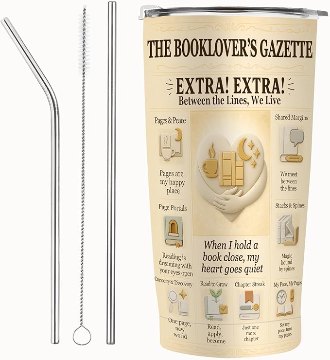 Book Lover Reading Tumbler 20 oz - Vintage Newspaper Reading Cup, Stainless Steel Double-Wall Vacuum Insulated, Lid & Straw, Car-Cup-Holder Fit, Cozy Gift for Readers, Book Club, Librarian, Teacher