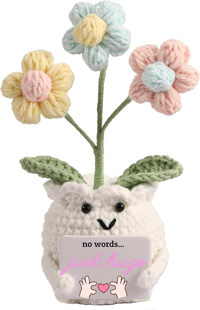 YOOJEE Crochet Sympathy Gifts for Loss of Loved One – No Words, Just Hugs Crochet Puff Flower Plant– Bereavement, Memorial, Get Well Soon, Grief Gift Idea for Loss of Grandpa Grandma Mom Dad
