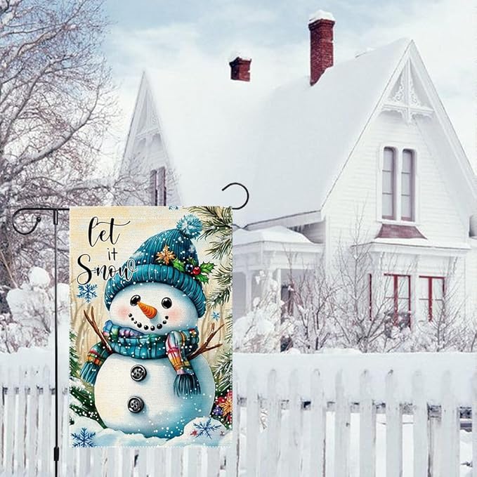 Snowman Garden Flag 12x18 Inch Double Sided Burlap Winter Let It Snow Outdoor Yard Flag Holiday Christmas Seasonal Welcome Banner for House Lawn Porch Small Decorations