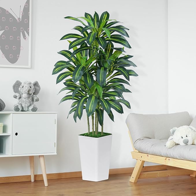 Keeplush 6FT Artificial Dracaena Tree - High-Density Foliage Fake Plant with White Tall Planter - Faux Yucca Floor Plant for Home Office Decor Indoor
