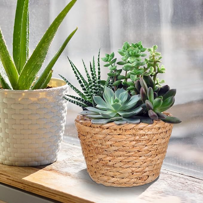 Alipis Seagrass Planter Basket: 5.11" Mini Woven Flower Pots with Leak-Proof Liner - Rattan Storage Basket Plant Container for Indoor Outdoor Garden Home Office Decor