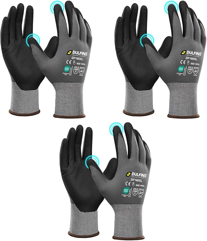 DULFINE Safety Work Gloves MicroFoam Nitrile Coated-3 Pairs Pack,Seamless Knit Nylon Glove with Black Micro-Foam Nitrile Grip,Ideal for General Purpose,Automotive,Home Improvement,Painting(Small)