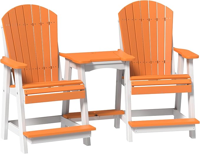 LuxCraft Poly Tete-a-Tete Patio Table and Counter Height Balcony Chairs with Umbrella Hole, Weatherproof Outdoor Patio Furniture Set for Outside - Amish Made in USA (Tangerine & White)
