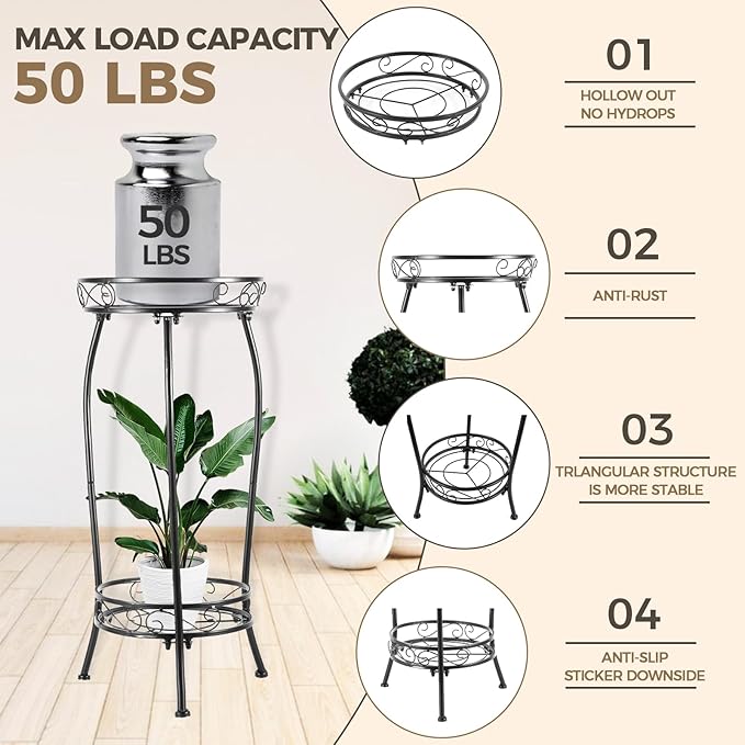 Kavlium Plant Stand Indoor Outdoor，Tall Black Metal Rustproof Stable Plant Stands，2 Tier 27.1 inch Multiple Plant Rack Holder Rack Flower Pot Stand Heavy Duty Plant Shelf