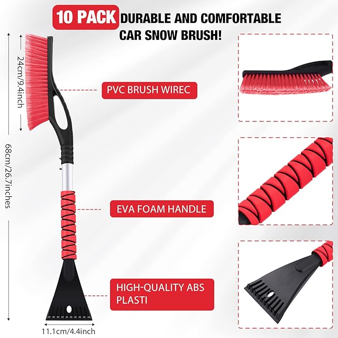 Gisafai 10 Pack 27" Snow Brush and Detachable Ice Scraper Snow Removal Car Brush with Comfortable Foam Grip for Car SUV Truck Windshield Window(Red)