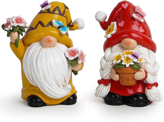 Hodao Spring Dance Gnome Set - Butterfly Gnome Figurine Holding Flower Spring Summer Home Indoor Decoration