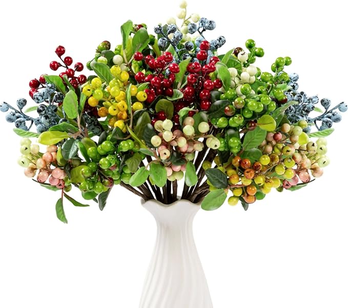 SHACOS 20 PCS Artificial Berry Stems Assorted Mixed Color, Fake Berries Branches Spray with Green Leaves 9.8 inch Small Berry Picks for Floral Crafts Centerpiece Bouquet Filler Home Wedding Decor