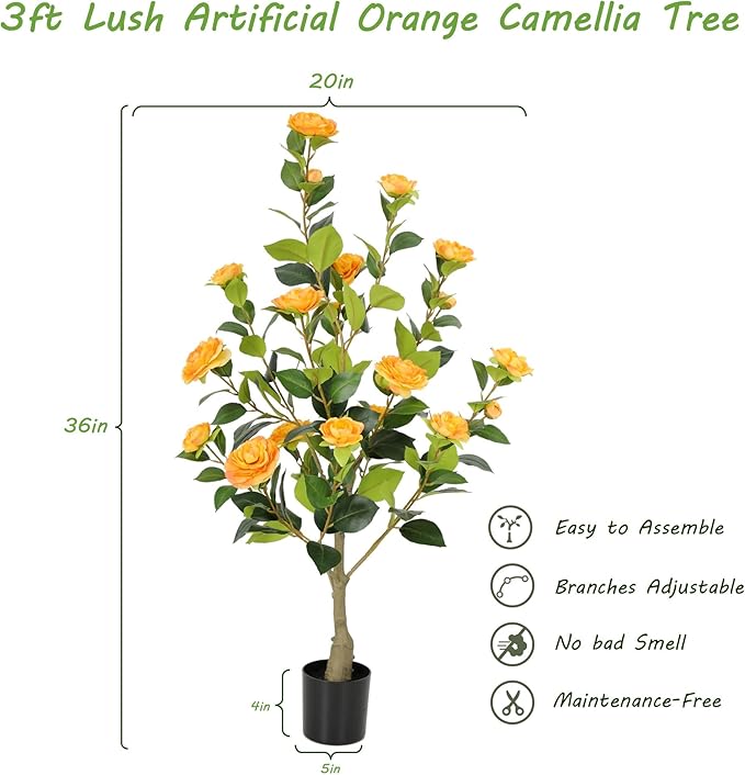 Nafresh 3FT Lush Artificial Orange Camellia Tree Outdoor 2 Pack, 36inch Faux Camellia Plant, Fake Camellia Flowers Tree for Indoor Outdoor Living Room Home Patio Front Door Garden Decor