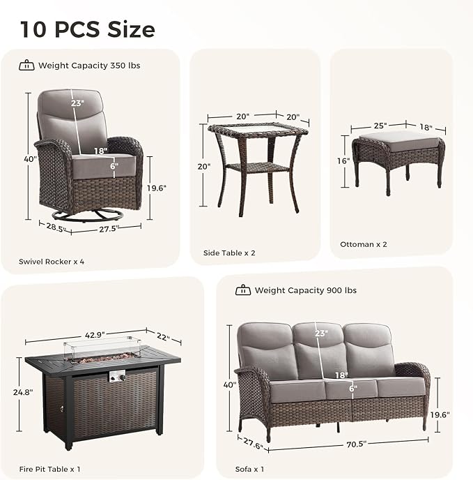 Luxury Patio Furniture Set with Fire Pit Table, Outdoor Furniture Set with High Back Swivel Chairs & 6-inch Thick Cushions, 10 PCS Fire Pit Patio Set for Yard, Deck, Poolside, Brown/Beige
