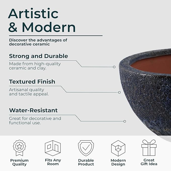 Set of 2 Ceramic & Clay Planter Pots with Stands – Textured Indoor Outdoor Plant Holders, Modern Rustic Decorative Pot Stands for Living Room, Entryway, Bedroom or Patio – 6" & 5", Deep Blue