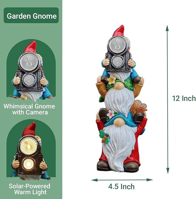 Funny Photography Garden Gnomes Statue, Solar Christmas Gnomes Outdoor Decor for Yard, Lawn, Patio, Porch, Unique Xmas Birthday Housewaming Gifts,12 Inch, Resin
