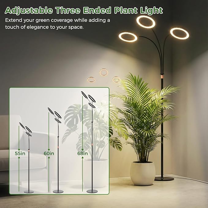 boostool Grow Lights for Indoor Plants, Three Heads 48W 216 Led Full Spectrum Plant Light, 5.5FT Adjustable Height Standing Grow Light 3/9/12H Timer, 10 Dimmable Levels & 3 Lighting Modes