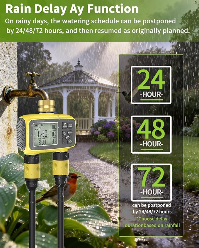 Smart Sprinkler Timer, 2-Zone Programmable Water Hose Timer with Rain Delay & Manual Mode, Outdoor Irrigation System for Garden, Lawn, Yard, Patio Drip Watering (Brass)