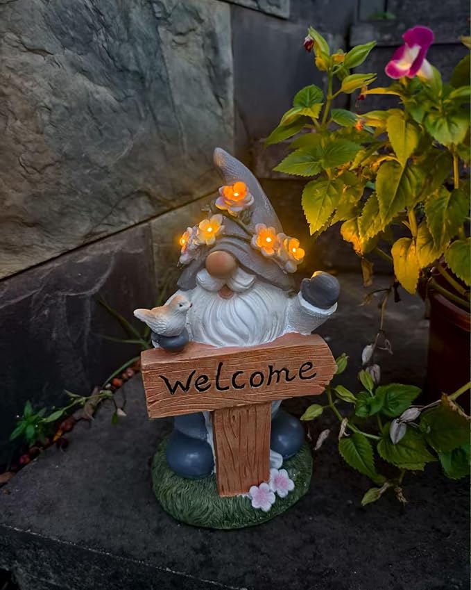 Welcome Gnome Statue with Card & Bird - Garden Gnome Figurine for Outdoors, Resin Lawn Decor - Perfect Outdoor Gnomes Decorations for Yard, Patio, Porch - Welcome Statue Gift for Garden Lovers