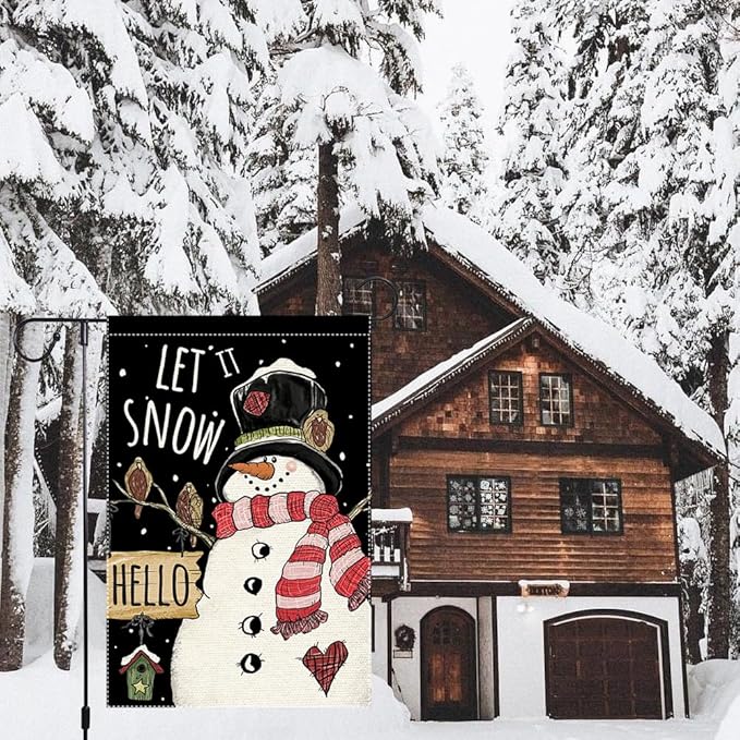 Winter Garden Flag 12x18 Inch Double Sided Burlap Outdoor Seasonal Decoration Cute Snowman with Black Top Hat Red Scarf Let It Snow Welcome Flag for Yard Patio Porch