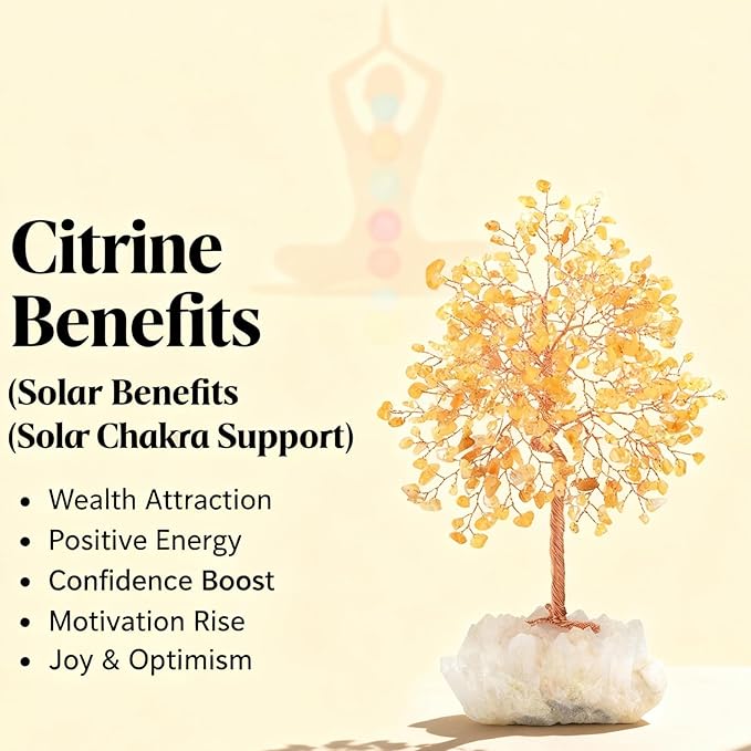 MASGEMES Gemstone Crystal Tree of Life,Natural Citrine with Row Clear Quartz Base,Chakra Healing Crystals Positive Energy Fengshui Decor Bonsai Money Tree,Home Decor Gift Height 8.5-9 Inches