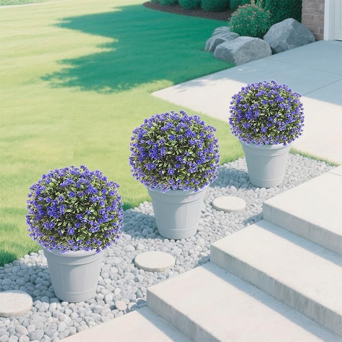 R’s Ceder Artificial Boxwood Topiary Ball Trees with Purple Rose, 2 Set of 19'' UV Resistant Fake Evergreen Shrubs Bushes Plants with Ground Spike Fake Plants for Outdoor Indoor Front Porch Garden