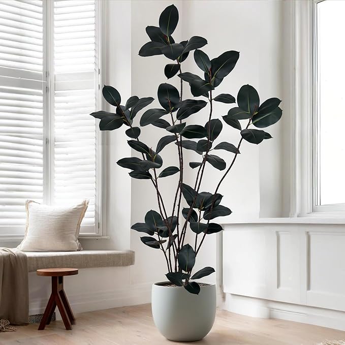 Artificial Rubber Tree 7FT with 68 Glossy Leaves & 10 Heads & Black Pot Cover with Coconut Fiber Realistic Tall Large Faux Tropical Ficus Elastica Plant 84 Inch for Indoor Home Modern Decor