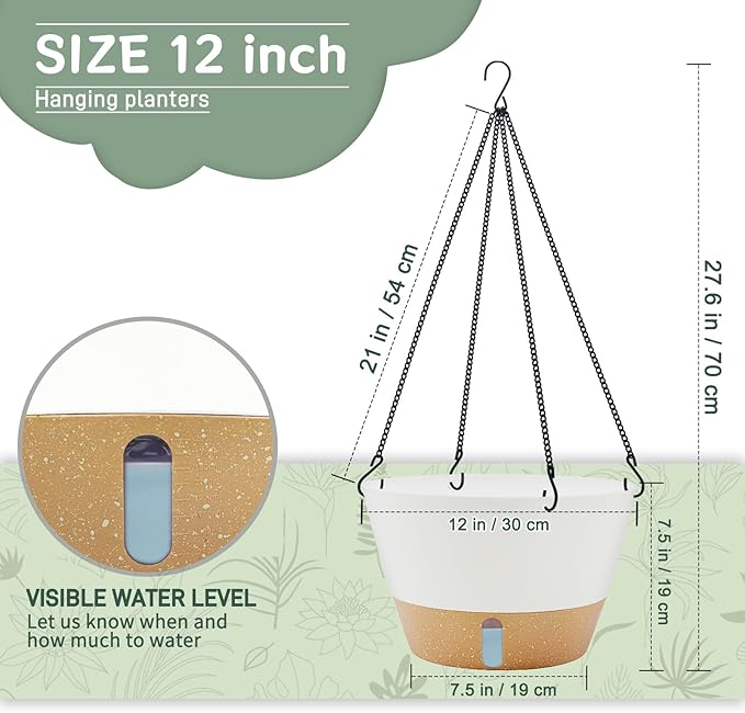 ZMTECH 12 Inch Hanging Planters for Indoor, Large Hanging Plant Pot with Visible Water Level and Chain, Self Watering Hanging Flower Pot for Outdoor Garden Porch(White)