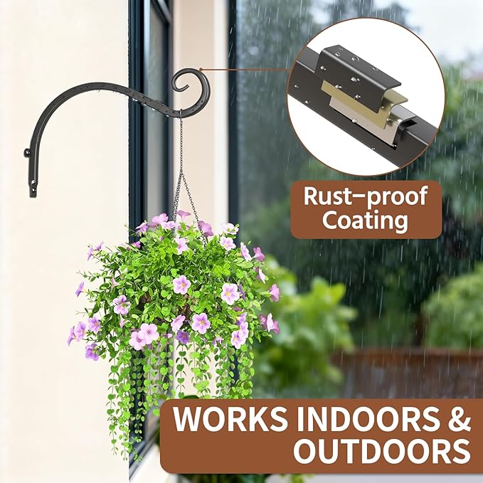 LASZOLA 4 Pack 12 Inch Hanging Plant Brackets, Heavy Duty Iron Wall Hooks for Planter, Bird Feeder, Wind Chime, Lantern, Rust Proof Decorative Hangers for Indoor Outdoor Garden Patio Fence, Black