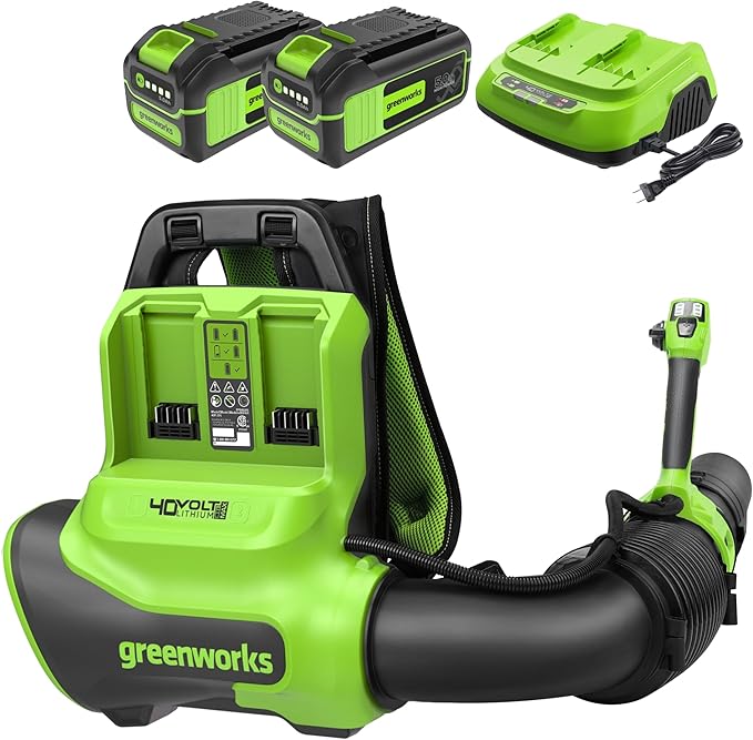 Greenworks 40V (710 CFM / 175 MPH) Brushless Backpack Blower, Commercial Power for Wet Leaves, Heavy Debris, Gravel and Driveway Snow, Includes (2) 5.0Ah HP Batteries & 4A Dual Charger