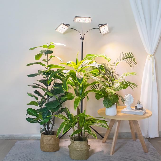 LORDEM Plant Grow Light with Stand, Full Spectrum LED Growing Lamp, Tri-Head with 3H/6H/12H Timer, 6 Dimmable Levels, 3 Lighting Modes, 15"-63" Adjustable Tripod