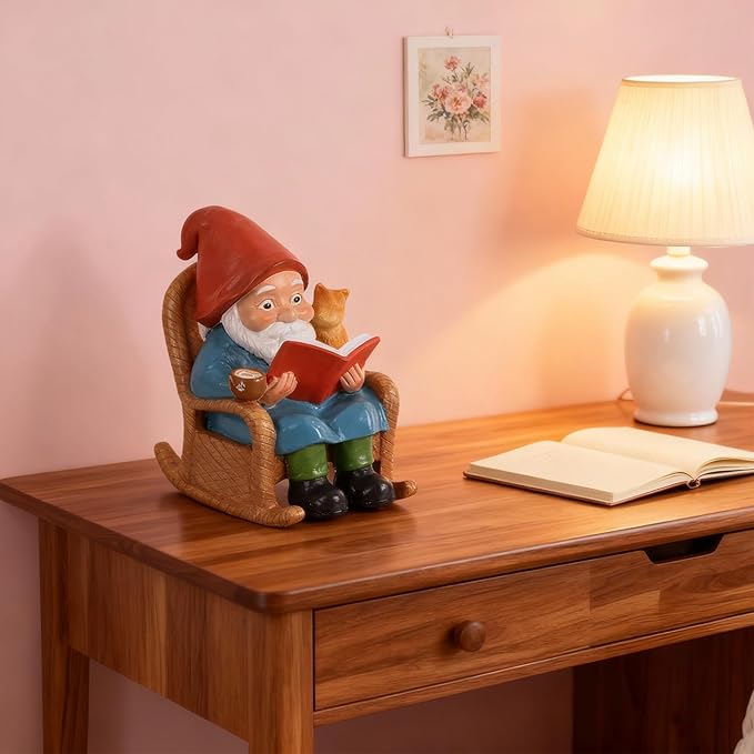 Reading Garden Gnome Statue with Cat and Coffee Cup – 5.3" Resin Gnome Figurine on Rocking Chair, Hand-Painted Funny Gnome Decoration for Yard, Patio, Lawn, or Home Décor