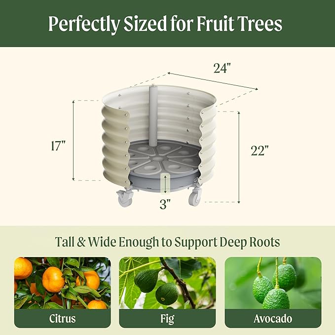 Rolling Metal Citrus Tree Planter, Self-Watering Round Large Pot for Growing Trees Tomatoes Vegetables and Flowers, Raised Garden Bed with Wheels for Porch Patio & Backyard, Twin Pack-Olive Green