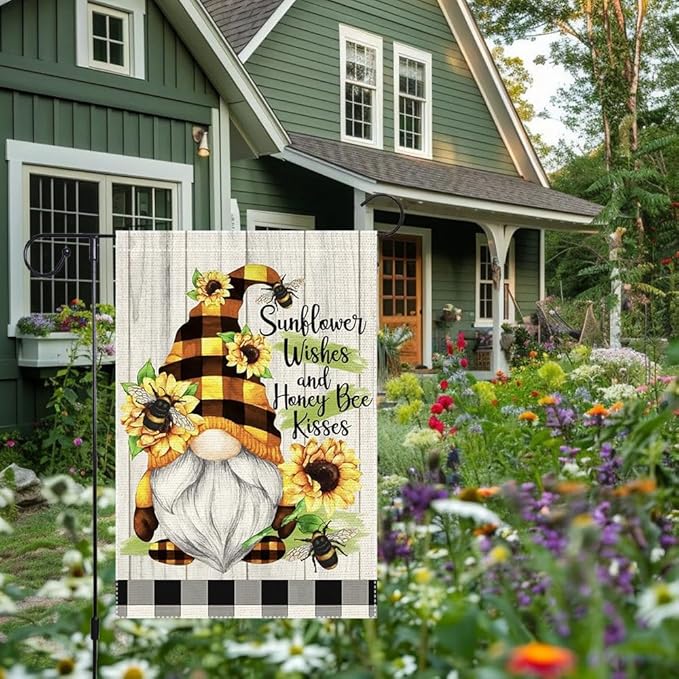Spring Summer Buffalo Plaid Gnome garden flag Bee Sunflowers 12x18 inch Double Sided Small Burlap Home Outdoor Yard Lawn Patio Flags Decorations
