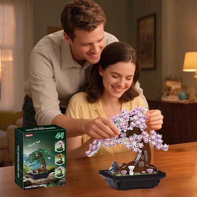 WINGIFT 900Pcs Four Seasons Bonsai Tree Building Set,4In1 Flowers Cherry Blossom Bonsai Building Kit,Botanical Collection DIY Plants for Home Office Decor,Christmas Birthday Gift for Adults Kids Girls