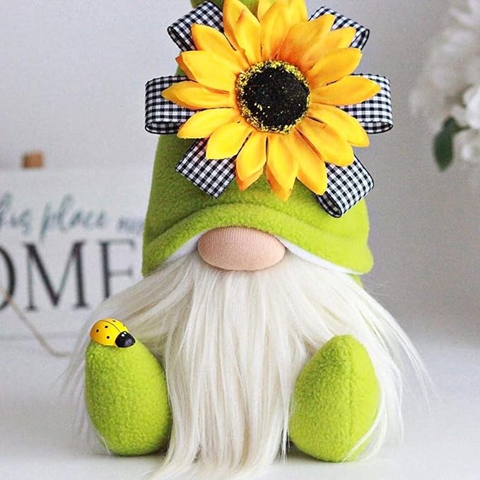 Gnome Plush Decorations for Home, Spring Summer Sunflower Gnome Decor, Handmade Faceless Plush Doll, Easter Gnomes Ornaments for Home Office Festival Decor (Black+Green)