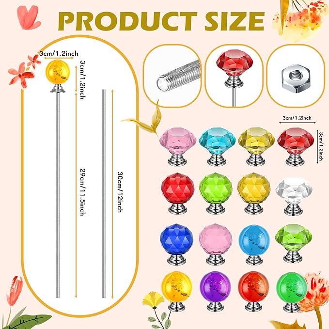 Zonon 16 Pack DIY Garden Beaded Stakes Wands Kit 16 Pcs 8/32 Inch 4mm 12 Inch Threaded Rod 16 Pcs 4mm Hex Nuts and 16 Diamond Tops Stainless Steel Decorative Garden Stakes, 16 Styles