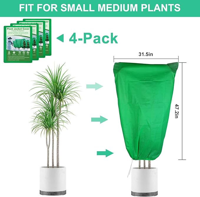 NONMON 4 Pack Plant Covers Freeze Protection 31.5" x 47" - 2.2oz Trees Covers Frost Blanket Plant Frost Cloth for Outdoor Plants Shrubs Flower Fruit with Zipper Drawstring Green