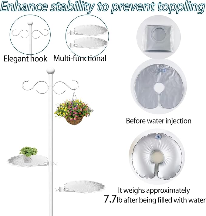 Upgraded 74" Shepherd's Hook for Bird Feeder，White Floor Hanging Plant，White Wind Chime Stand, Waterproof Metal & Adjustable-Height Standing Pole Holder for Wreath, Indoor & Outdoor（2 Placement Racks)