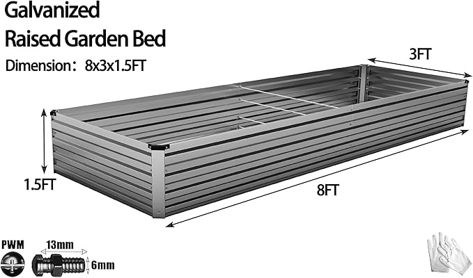 8x3x1.5FT Galvanized Raised Garden Bed Outdoor for Vegetables,Galvanized Planter Boxes Metal Raised Beds for Gardening